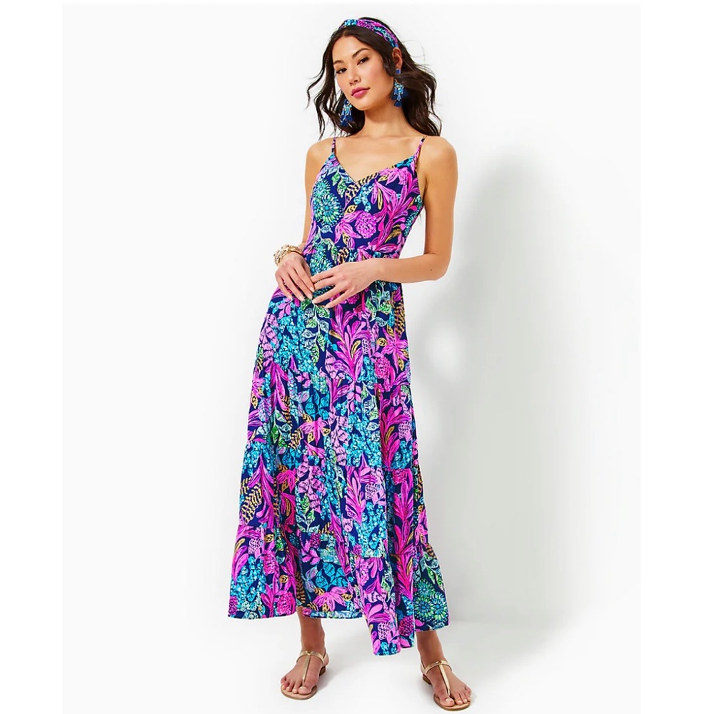 Lilly Pulitzer Joellane Tiered Maxi Dress Aegean Navy Calypso Coast Size 6